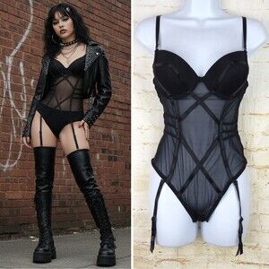 Fashion Nova Teddy Womens XS Black Mesh Straps Garter Bodysuit Goth Punk Sexy